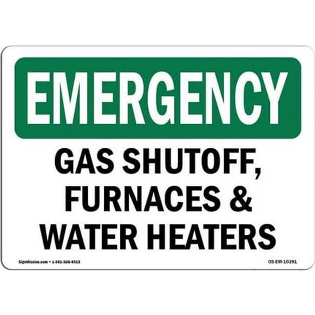 SignMission OS-EM-A-710-L-10391 7 x 10 in. OSHA Emergency Sign - Gas Shutoff, Furnaces & Water Heaters