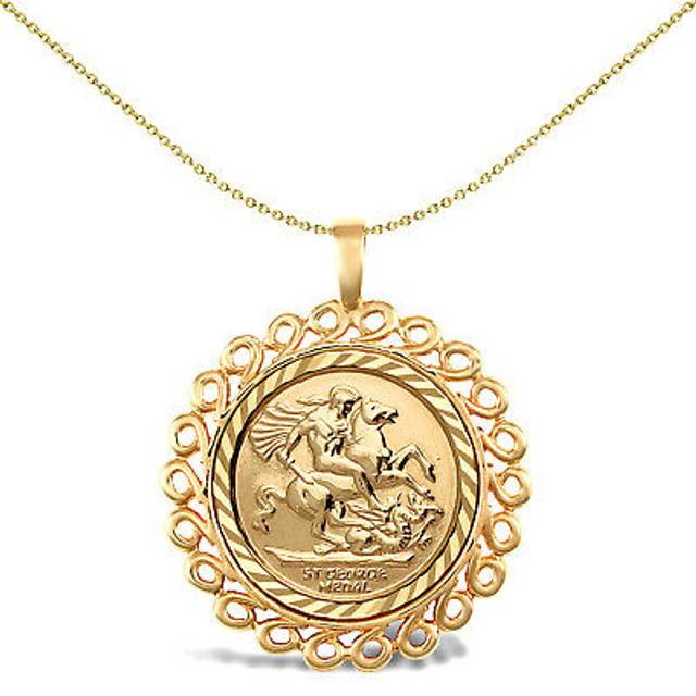 Jewelco London Solid 9ct Gold Loop Spiral Frame St George & Dragon Medallion Pendant (Full Sov Size) - JSP008-F-SG