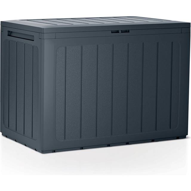 (Vertical Stripes, x1) Anthracite 190L Wood Design Outdoor Storage Box Garden Patio Plastic Chest Lid