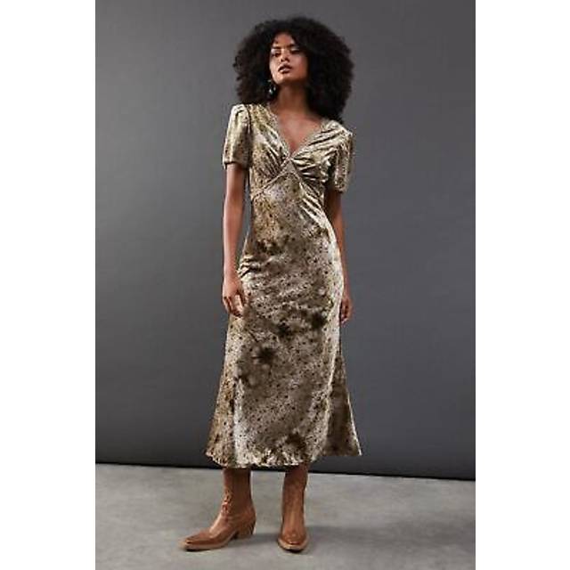 Warehouse Womens Rose Velvet V Neck Midi Tea Dress - Green - Size 10 UK