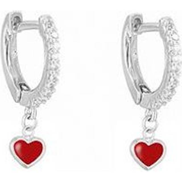 The Love Collection Sterling Silver CZ huggie hoop with red enamel heart charm, Red, Women