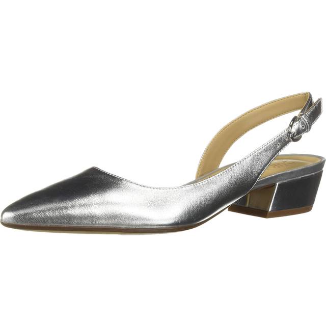 Naturalizer Banks Pointed Toe Flat Shoes, Silver Leather, 8.0M Toe, Block Heels, Slingback Strap