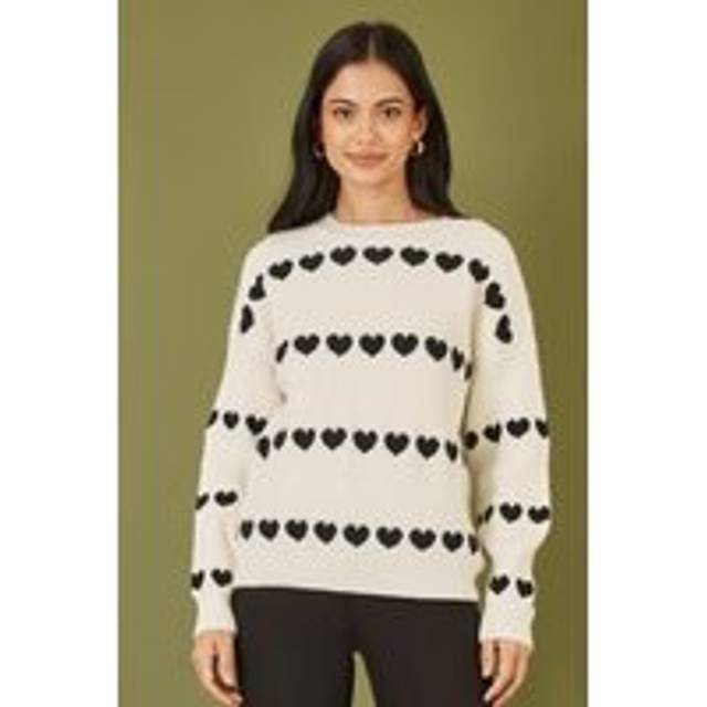Yumi Womens Ivory Knitted Jumper With Heart Stripes - Size Small/Medium