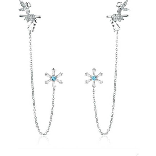 Fairy Elf Long Chain Clip and Stud Earrings for Women Silver plating Girl Gifts