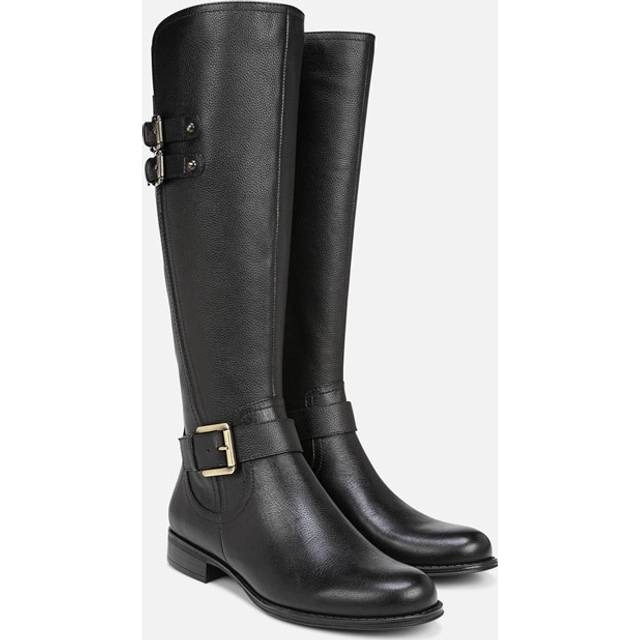 Naturalizer Jessie Wide Calf Knee High Boots, Black Leather, 8.0W Round Toe, Block Heels, Zip Closure