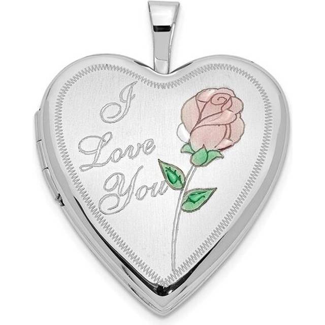 14K White Gold 20 mm Enamel Rose I Love You Heart Locket Pendant
