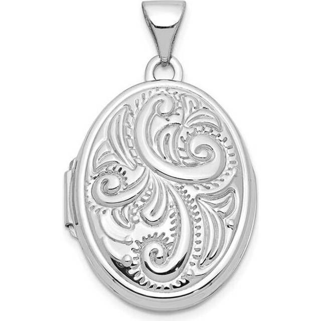14K White Gold Scroll Design Domed Oval Locket Pendant