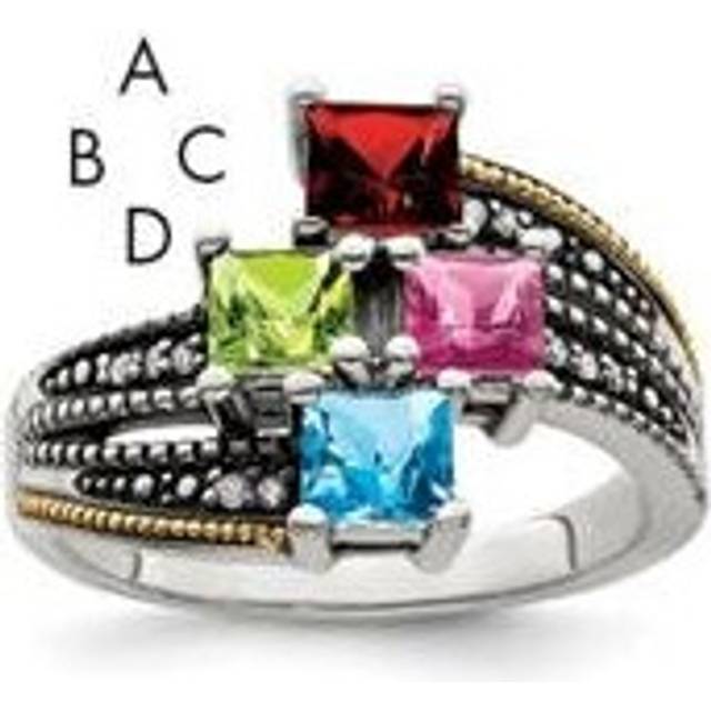QMR12-4-5 Sterling Silver Two-Tone & 14K Four-Stone & Diamond Mothers Semi-Mount Ring - Size 5