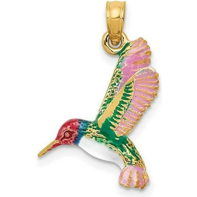 14K Yellow Gold Enameled 3D Hummingbird Pendant