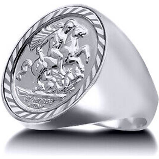 (R) Jewelco London Men's Solid 925 Silver Domed Polished St George & Dragon Medallion Ring (Full Sov Size)