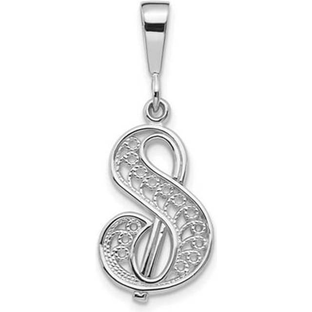 14K White Gold Solid Polished Script Filigree Letter S Initial Pendant