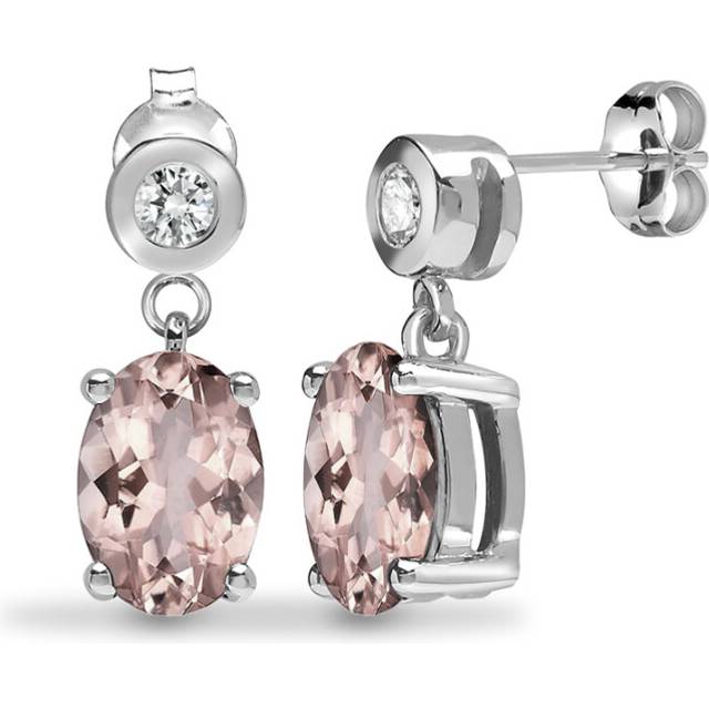 Jewelco London 9ct White Gold Rub Over Set H I1 0.07ct Diamond and Oval Peach 0.9ct Morganite Solitaire Drop Earrings - 9E194 - Silver