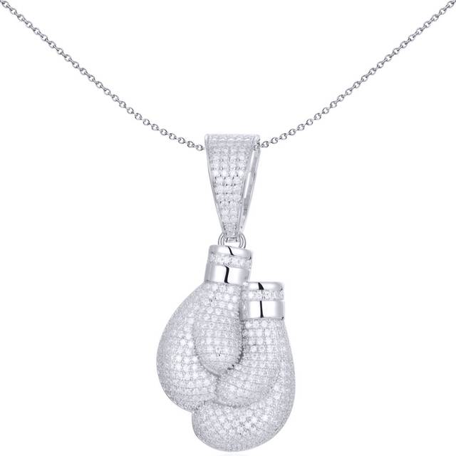 Jewelco London Men's Rhodium Silver Round CZ Folded Boxing Glove Pair Charm Pendant - APD178