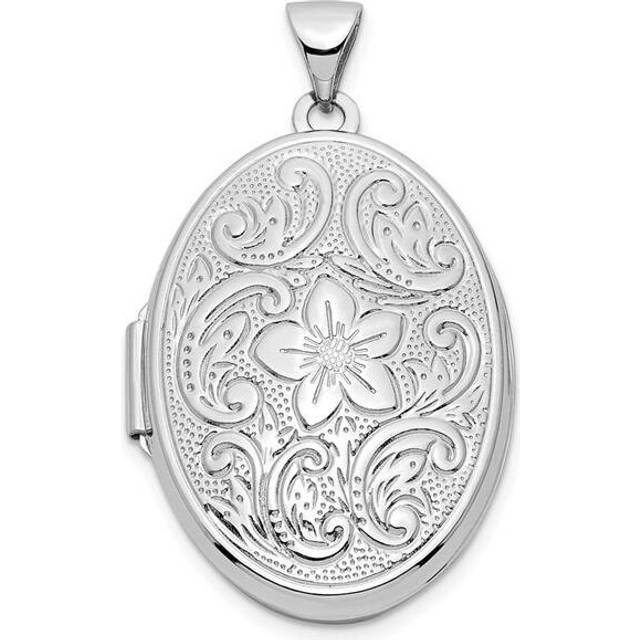 Finest Gold 14K White Gold Reversible Swirl Design Floral 26mm Oval Locket Pendant