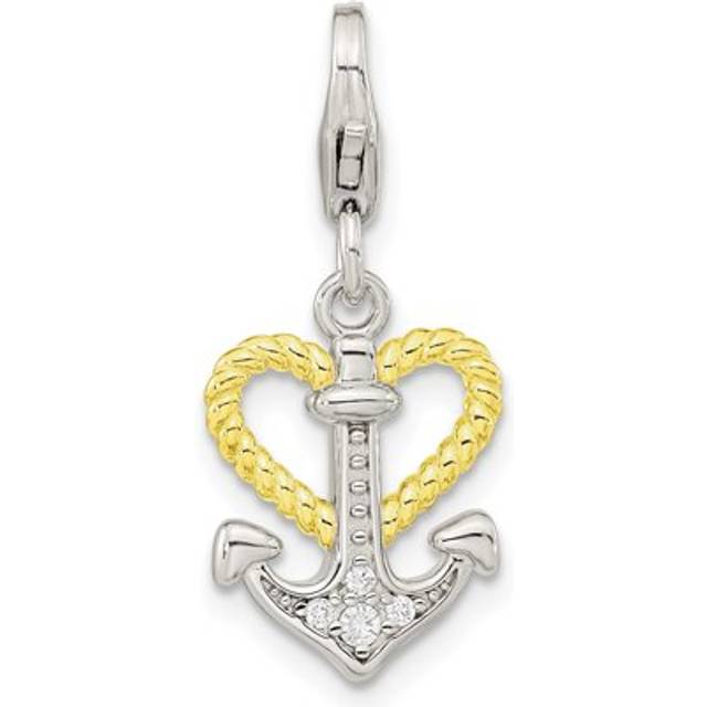 Sterling Silver Gold Plated Amore La Vita Rhodium-Plated Gold-Plated CZ Heart Anchor Charm