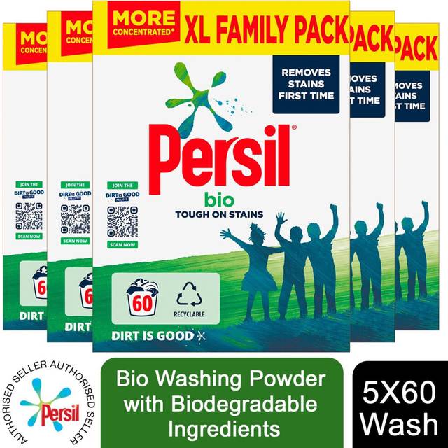 5x Persil Bio Washing Powder with Biodegradable Ingredients, 3kg, 60W