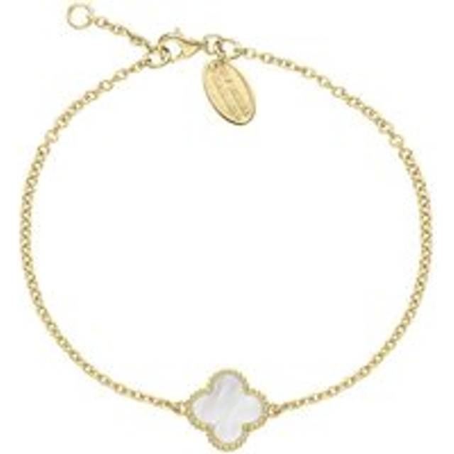 9ct Yellow Gold White Mother of Pearl Bloom Four Leaf Clover Ball Edge Chain Bracelet