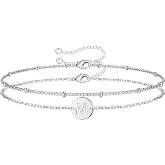 TINGN Valentines Gifts for Women Girls Gifts, 14K White Gold Filled Letter M Initial Bracelet Teen Girl Gifts Trendy Disc Charm Bracelet Layered