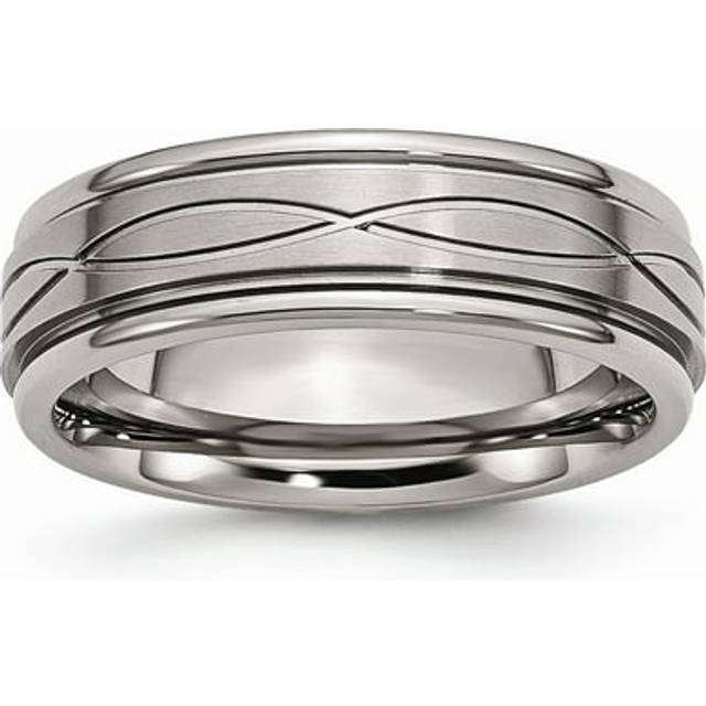 Titanium Polished Criss-cross Design & Brushed Center Ridged Edge Band - Size 9.5 - Grey