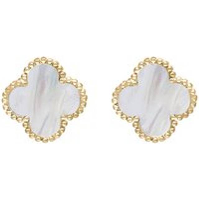 9ct Yellow Gold White Mother of Pearl Bloom Four Leaf Clover Ball Edge Stud Earrings
