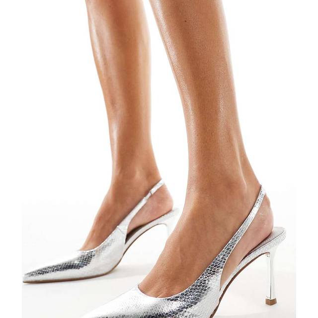 Simmi London – Wide Fit – Laylin – Silverfärgade, ormskinnsmönstrade pumps med låg klack och bred passform