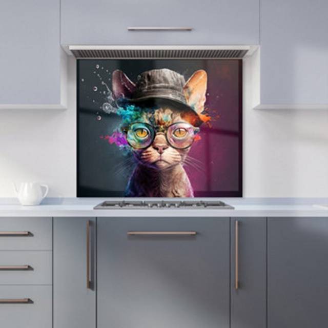 Warren Reed - Designer Devon Rex Cat With Hat Splashart Kitchen Splashback W600Mm X H750Mm, Multi