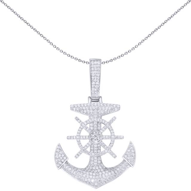 Jewelco London Men's Rhodium Silver Round CZ Pirate Ship Wheel Anchor Charm Pendant Â½oz - APD176