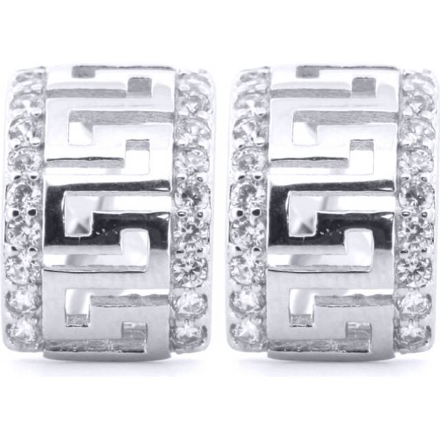 Jewelco London Rhodium Silver Round CZ Greek Key Semi Hoop Stud Earrings - AES184