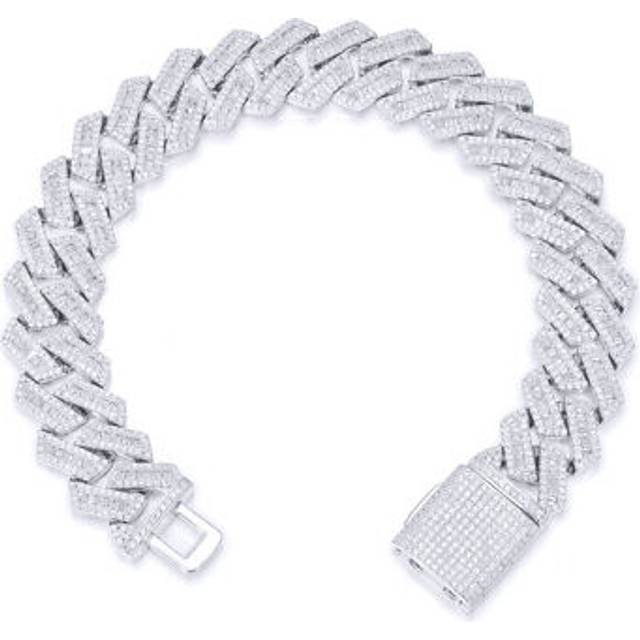 Jewelco London Men's Rhodium Silver White Baguette CZ Encrusted Square Curb 16mm Chain Bracelet 2oz - ABB204-9