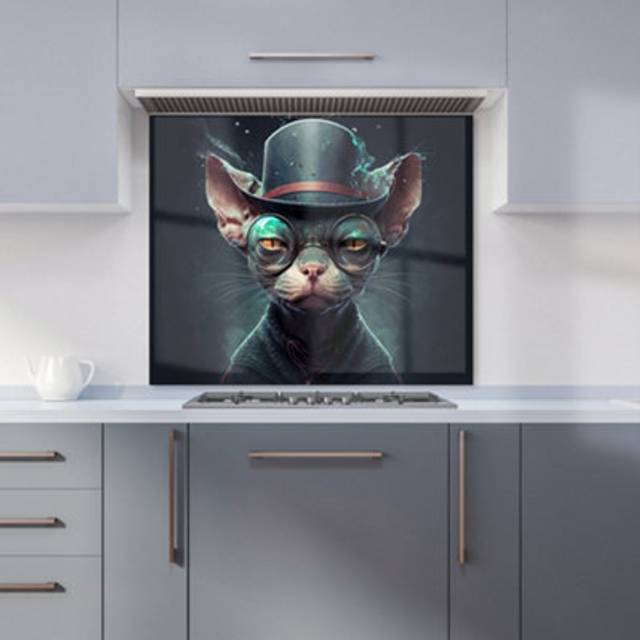 Warren Reed - Designer Sphynx Cat With Glases Splashart Kitchen Splashback W700Mm X H650Mm, Multi
