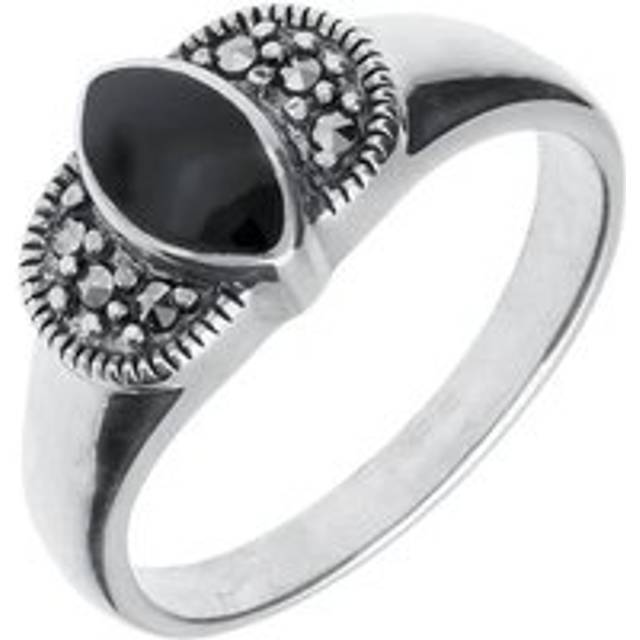 Sterling Silver Whitby Jet Marcasite Marquise Ring - Silver