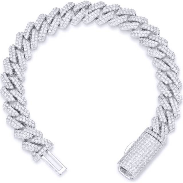 Jewelco London Rhodium Silver Round CZ Encrusted Square Curb 10mm Chain Bracelet - ABB201-7.5