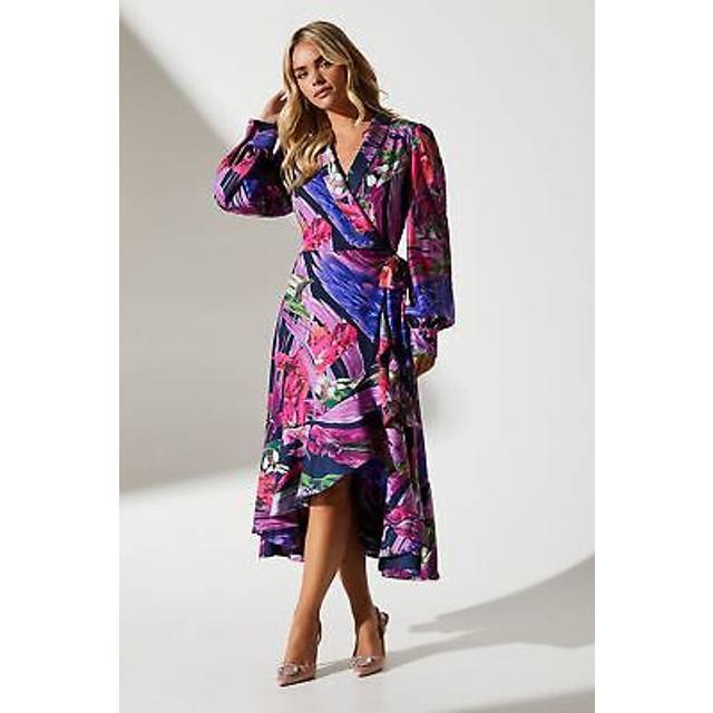 Petite Printed Satin Wrap Wedding Guest Dress - Multi - 6