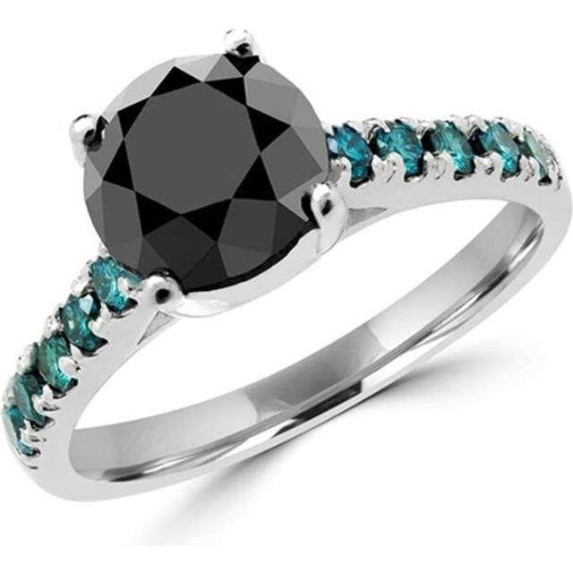3.25 CTW Round Black & Blue Diamond Multi Stone Engagement Ring in 14K White Gold, Size 5