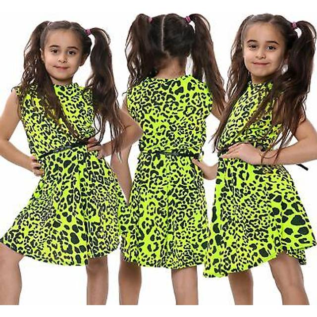 (13 Years, Neon Yellow) Kids Girls Skater Dress Neon Color Leopard Print