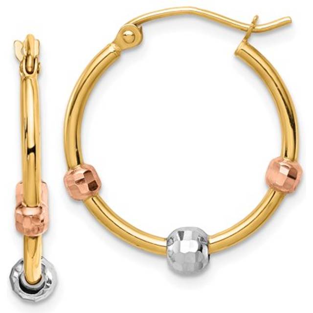 14K Polished with D-C Beads Tri-color Hoop Earrings