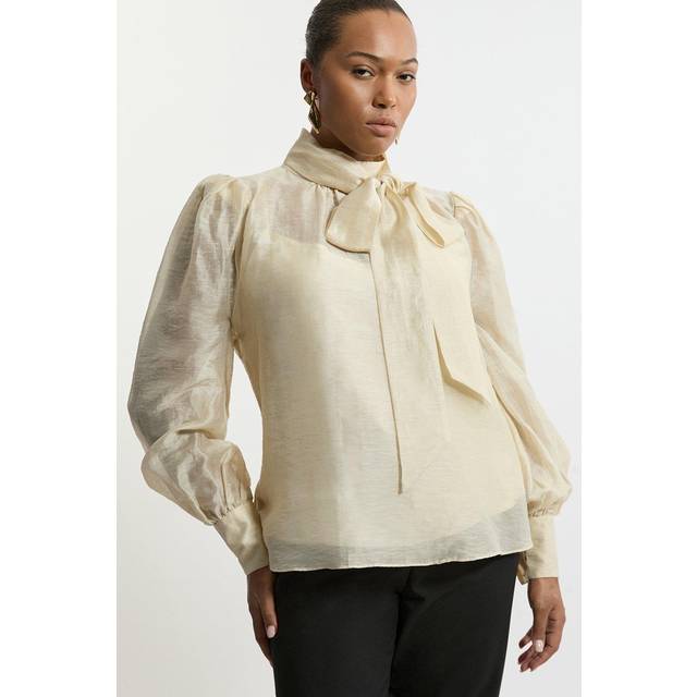Plus Size Linen Blend Organdie Woven Pussybow Blouse - Ivory