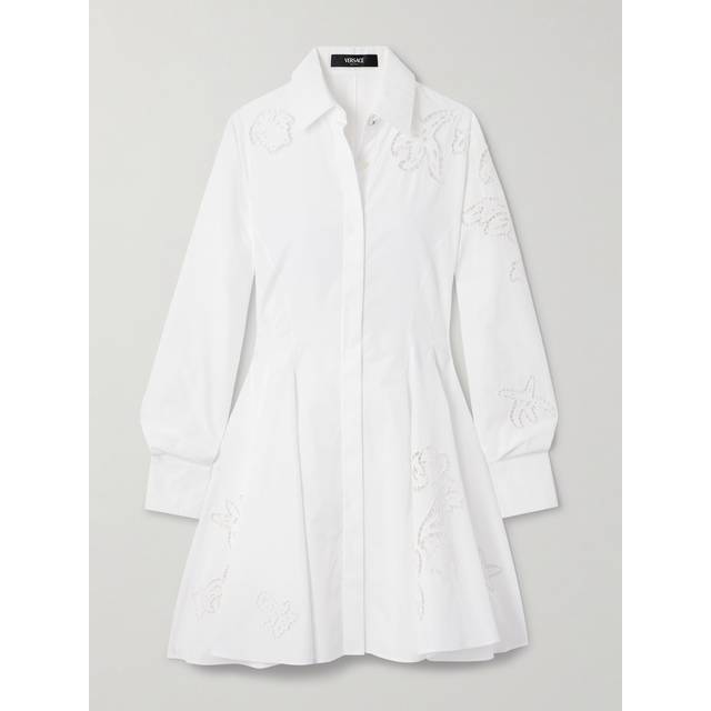 Versace - Pleated Broderie Anglaise Cotton Mini Shirt Dress - White - IT 36