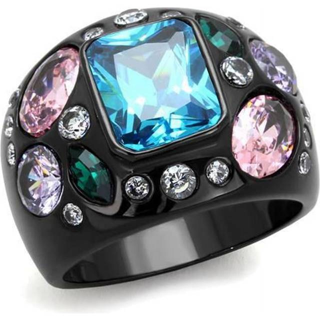 Alamode TK1790-5 Women IP Black Stainless Steel Ring with AAA Grade CZ in Sea Blue - Size 5