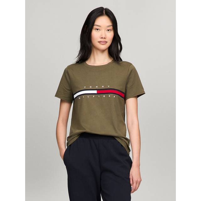TOMMY HILFIGER Women's Regular-Fit Embroidered Flag Stripe Logo Crew-Neck T-Shirt  ArmyGreen  S