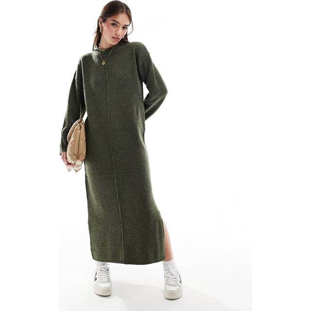 ASOS DESIGN – Khakifärgad, stickad midaxiklänning med dekorativ söm framtill-Vit/a