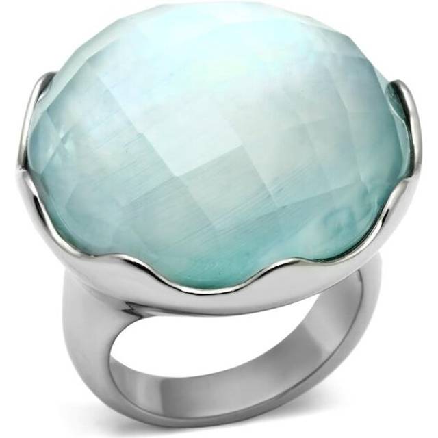 High Polished No Plating Stainless Steel Ring with Synthetic Glass, Sea Blue - Size 5