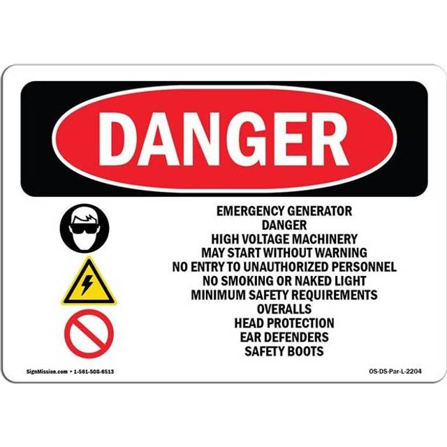 SignMission OS-DS-A-710-L-2204 7 x 10 in. OSHA Danger Sign - Emergency Generator Danger High
