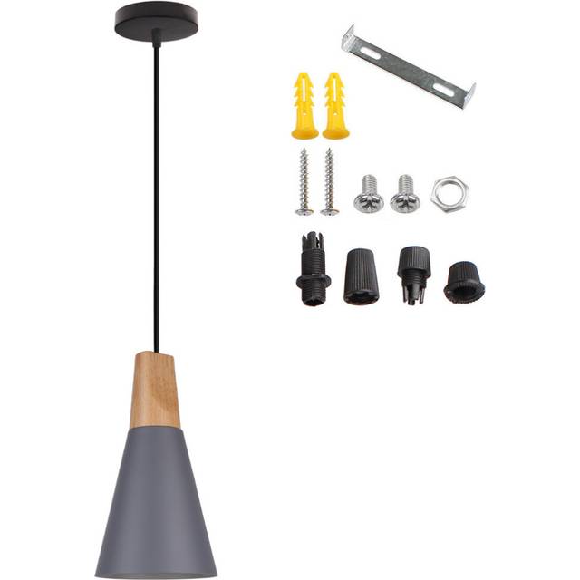 Modern Pendant Light Gray, Metal and Wooden Lamp Shade, Nordic Hanging Light Contemporary Style Pendant Lamp Retro Hanging Lamp Bulb Not Included