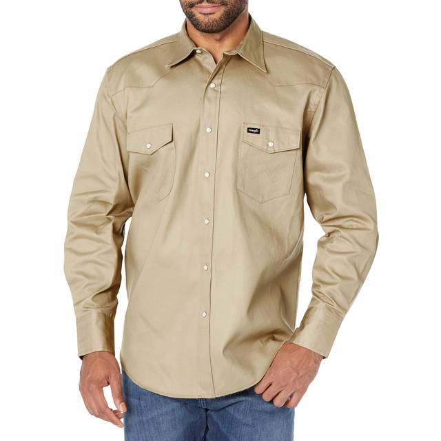 Wrangler Mens Cowboy Cut Western Two Pocket Long Sleeve Snap Work Shirt - Firm Finish - B&T Khaki 3X Tall