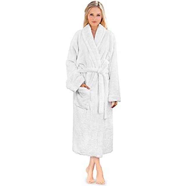 PAVILIA Premium Womens Plush Soft Robe Fluffy  Warm  Fleece Sherpa Shaggy Bathrobe S/M  White