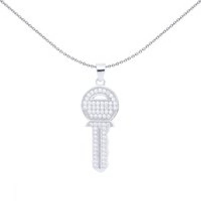 Jewelco London Rhodium Silver Round CZ Encrusted Yale Key to my Heart Charm Pendant - APD209
