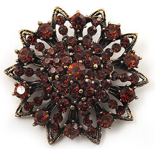 Amber coloured crystal dimensional floral corsage brooch (antique gold tone)