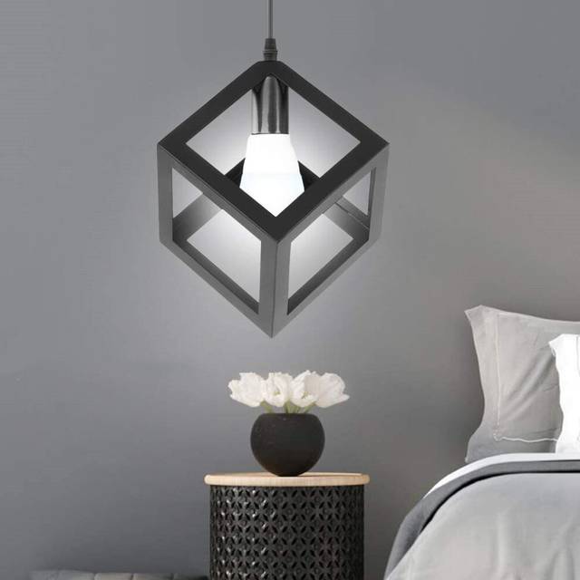Creative Square Pendant Light (Color:Black) Retro Modern Ceiling Light Metal Iron Cage Pendant Lamp Modern Geometric Hanging Light