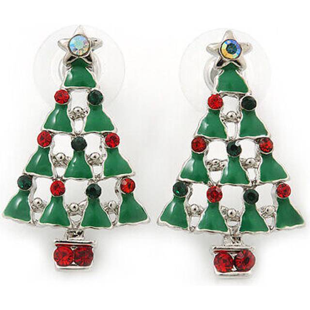 Red, deep green crystal, green enamel christmas tree stud earrings in rhodium